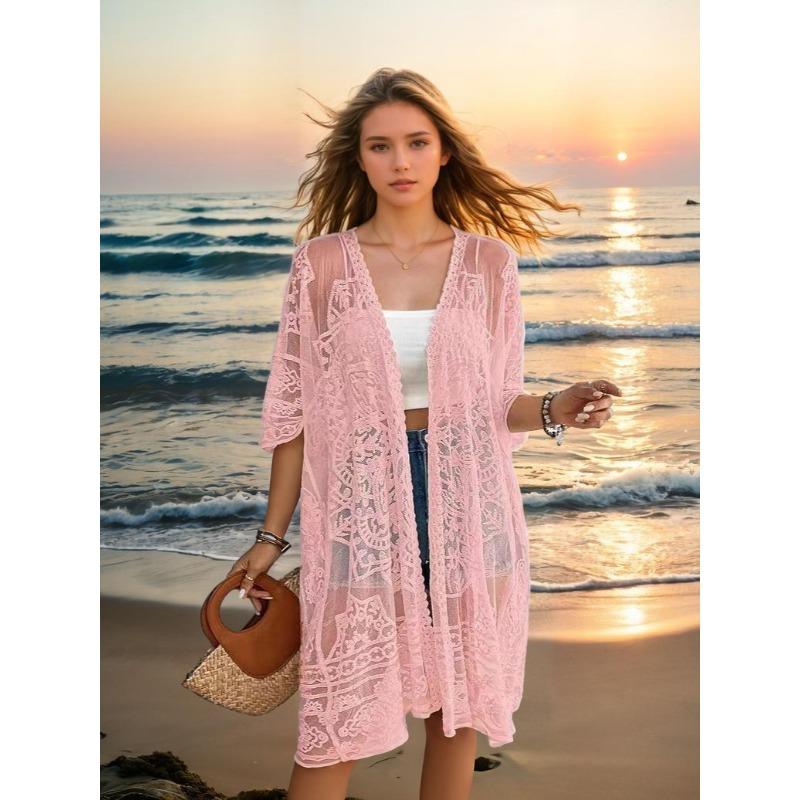 

Плюс Размер Женский Сексуальный Прозрачный Кружевной Вышитый Кардиган Пляжный Бикини Солнцезащитный Халатик One size розовый