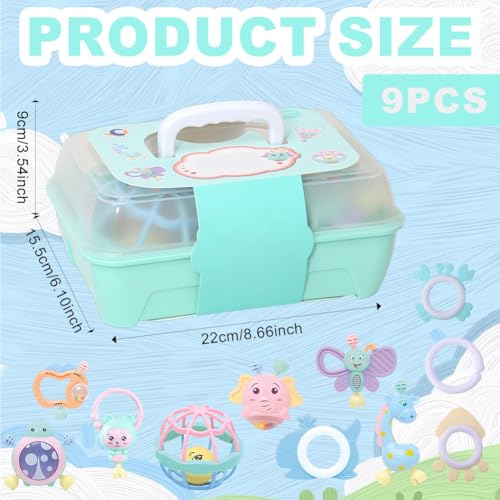 11 PCS Baby Rattle Teether Toy Set with Storage Box, Newborn Sensory Toys, Montessori Toys for 0-12 Months, Gift for Boys and Girls
