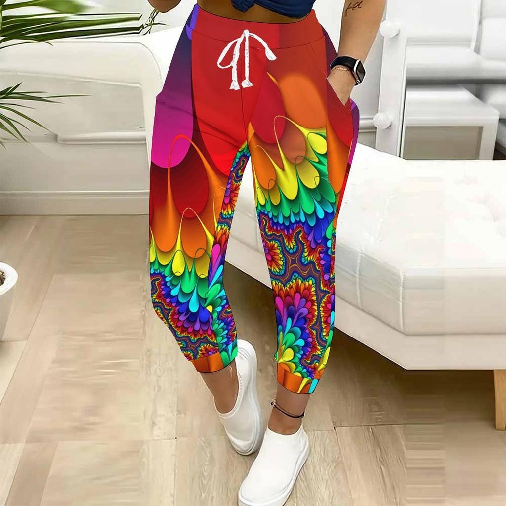 Summer Ladies Cashew Paisley Printed Sweatpants Loose Fit Drawstring Joggers Elastic Cuff Daily Casual Pants