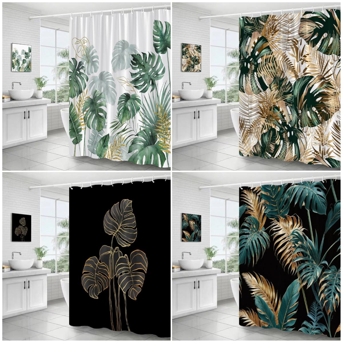 Monika Chen Black/Gold/Green Tropical Leaves Shower Curtains Leaves Leaf Botanical Jungle Palm Monstera Bathroom Curtains Bath Fabric Decor