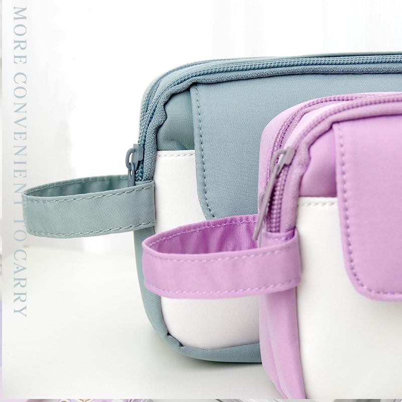 Flip Cover Pencil Case Pen Bag Hitting Color 3 Compartments Handbag Storage Pouch for Stationery School