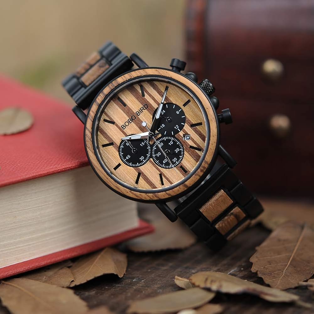 Bobo Bird Men's Stylish Wooden and Stainless Steel Chronograph Military Quartz Casual Watch Black Wood Band