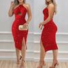 women's Glitter Halter Cutout Slit Midi Dress Bodycon Party Club Dress