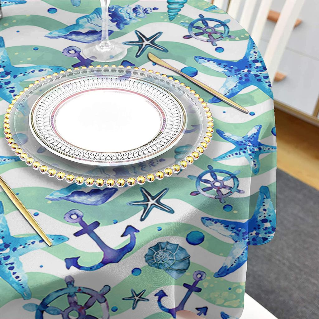 Ocean Starfish Anchor Round Waterproof Tablecloth Marine Life Theme For Wedding Party Dining Decoration