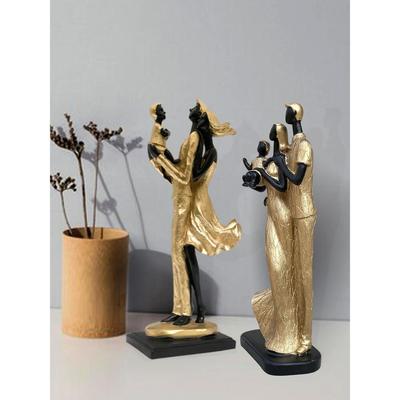 Stylish Golden Black Resin Couple Statues with Child for Home Decor (Pack of 2, Black & Golden)