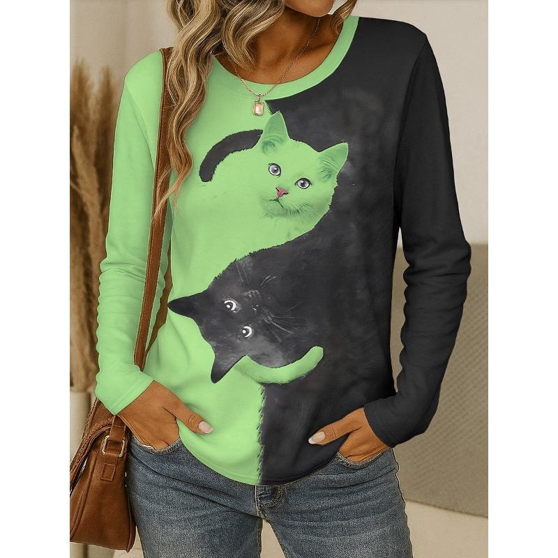 Damen T-Shirt Rundhals Langarm Tunika Grafik Tier Katze Vintage Stilvoll Klassisch Runder Hals Normale Oberteile