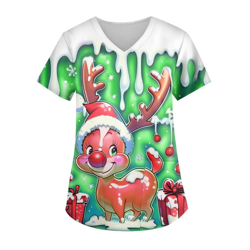 Ladies' Christmas Printed Fashionable V-neck Pocket Short Sleeved  Uniform And Caregiver Top
