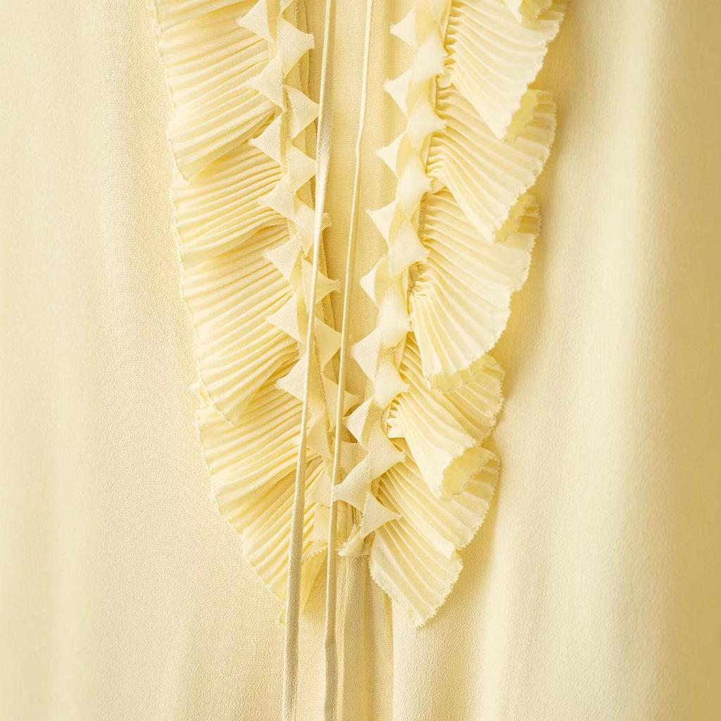 European & American Women's Spring 2025 Elegant Light Yellow Deep V-Neck Pleated Lace Shirt