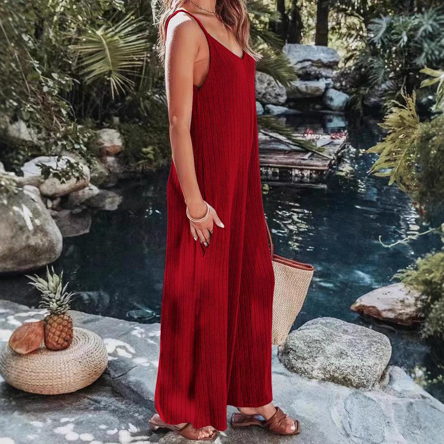 2025 Rückenfreier einfarbiger Damen-Jumpsuit mit verstellbaren Trägern