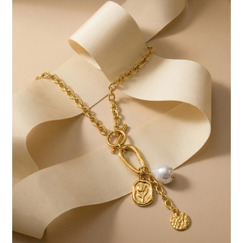 Yhpup Stainless Steel Imitation Pearls Flower Drop Charm Necklace Tarnish Resistant Metal Statement Chain Fashion Jewelry Gift