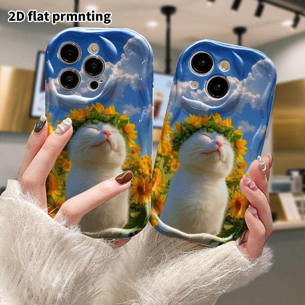 Phone Case: 2D flat design suitable for iPhone 18 17 16 15 14 13 Pro protective case, wreath little white cat, perfect Christmas and Halloween holiday