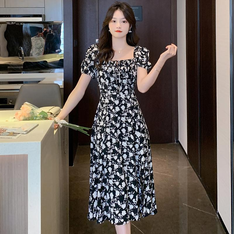 Korean Style Summer Women Black Floral Chiffon Dress Square Collar Elegant  Feminine Split A-Line Dress  buy the best products in the Ayzeze online  store
