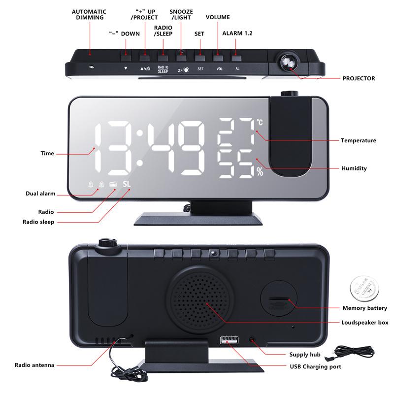 Alarm Clock Multifunctional Electronic Digital Clock Luminous Alarm Clock Radio Projection Clock DC5V Power Supply