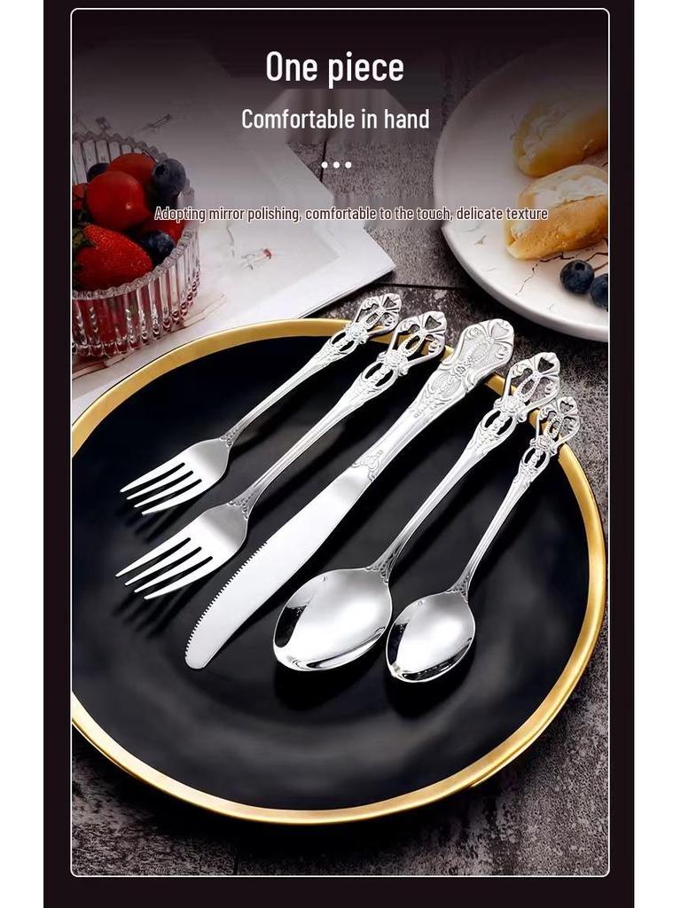 Royal Court 24-Piece Stainless Steel Cutlery Set - Embossed Hollow Steak Knives, Forks, and Spoons