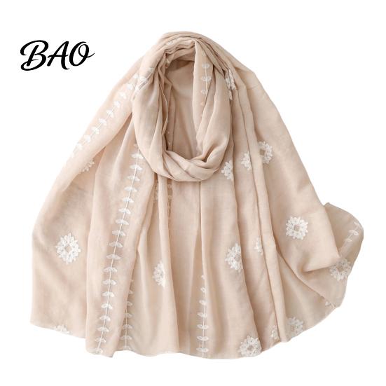 Lightweight Gauze Scarf Solid Color Embroidered Shawl for Women, Soft with Floral Oriental Style Vine Texture, 180x90cm Breathable Wrap Spring Summer