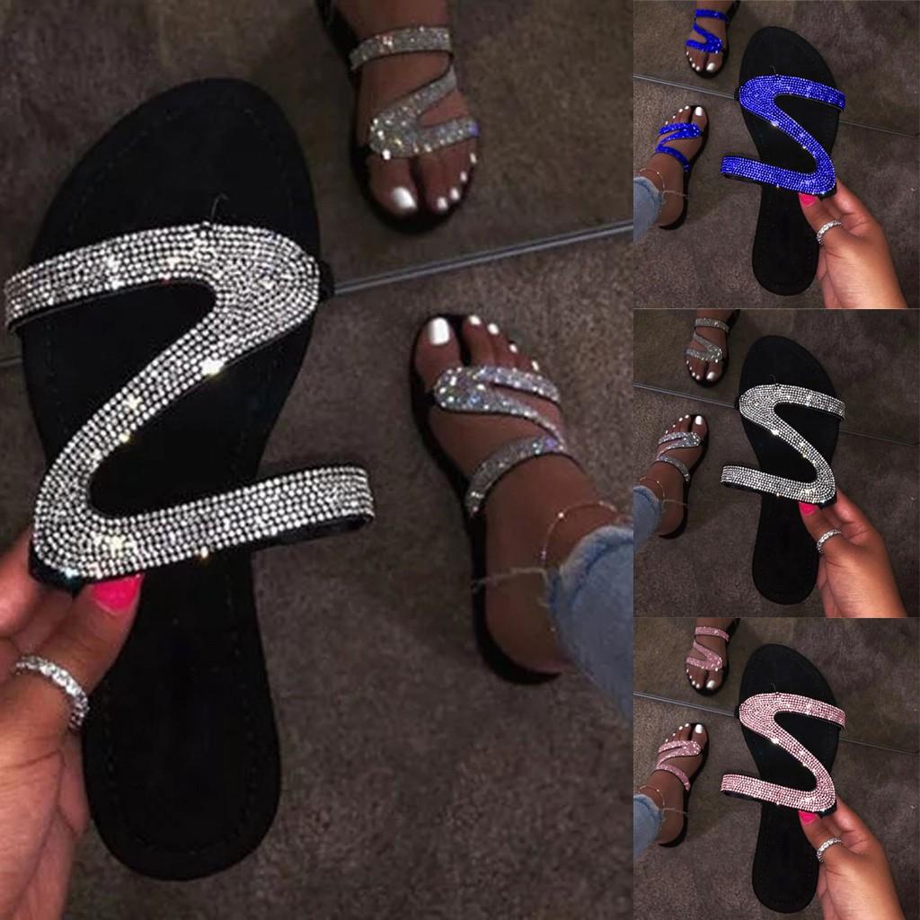 Slippers Wide Width Women Women'S Casual Solid Crystal Roman Plus-Size Flat Slippers Sandals Shoes Zapatos De Mujer