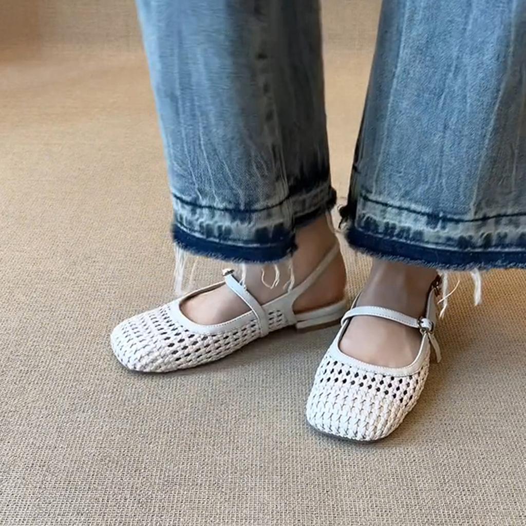 Sheepskin fashionable retro woven hollow breathable bag head sandals women's comfortable word with leather square head Roman shoes