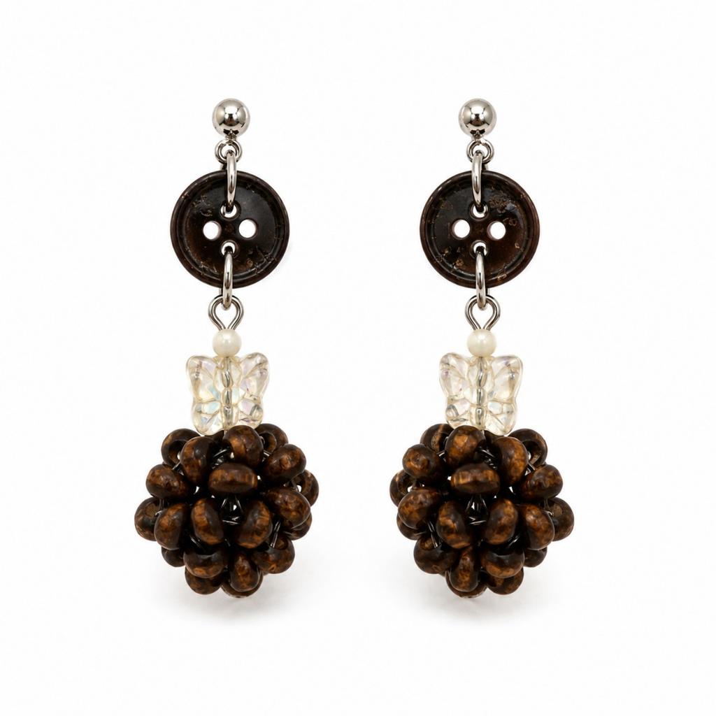 High-end Literary and Ancient Style New Chinese Style Brown Ball Butterfly Button Classical Wood-like Earrings