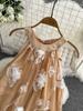 Summer Women 3D Flower Embroidery Mesh Long Maxi Chic Boho Beach Holiday Dresses