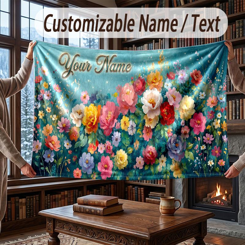 Floral Garden Theme Throw Blanket Custom Name Text Personalized Blanket Soft Cozy Blanket for Home Sofa Bed