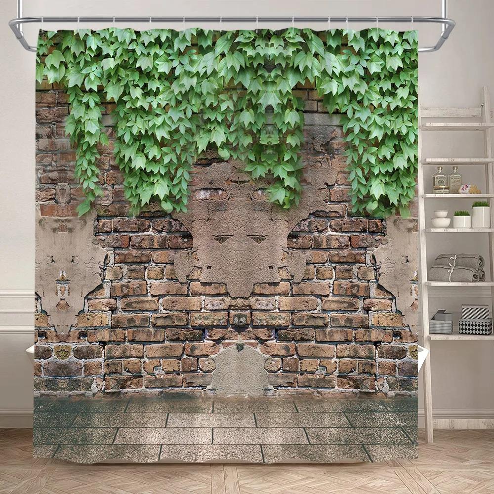Green Ivy And Old Stone Of Wall Shower Curtain Nature Bathroom Extra Long Waterproof Washable Polyester Fabric For Bathtub Decor