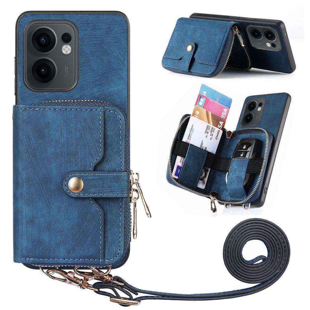 For Oppo Reno13 F 5G PU Leather Phone Back Cover with Zipper Card Holder and Long Strap