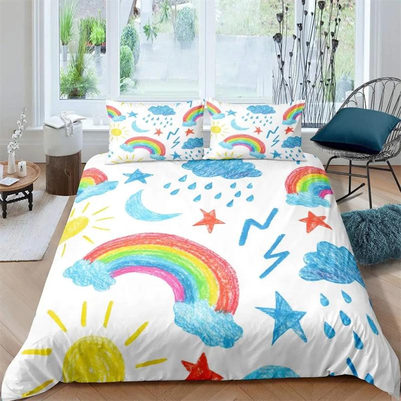Cartoon Rainbow King Queen Duvet Cover Kids Girls Colorful Clouds Bedding Collection Love Heart Comforter Cover Polyester Quilt Cover
