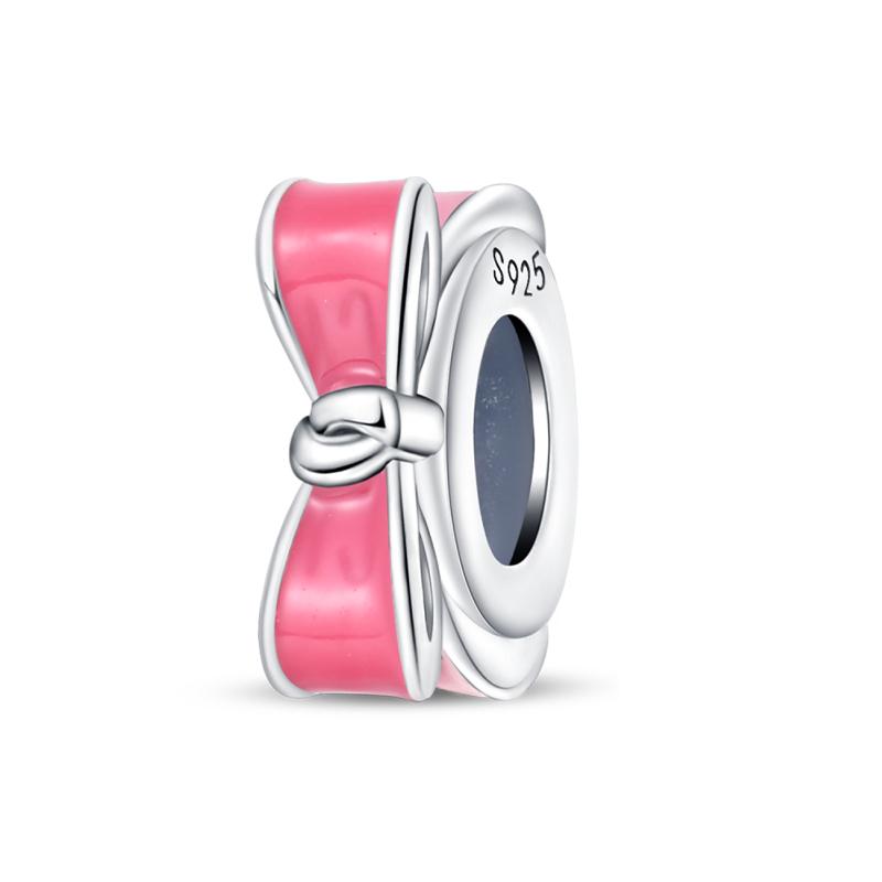 Copper Bow Charms Copper Pink Heart-Shaped Bow Pendants Charms Beads Fit Original Bangle Bracelets Diy Jewelry