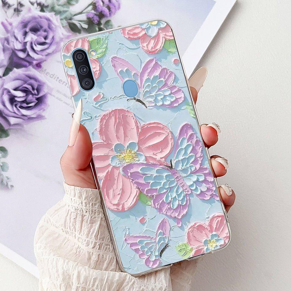 For Samsung Galaxy A11 M11 Phone Case Samsung A11 M11 A115F M115F Elegant Floral Cat Painted Soft Silicone Transparent TPU Cases