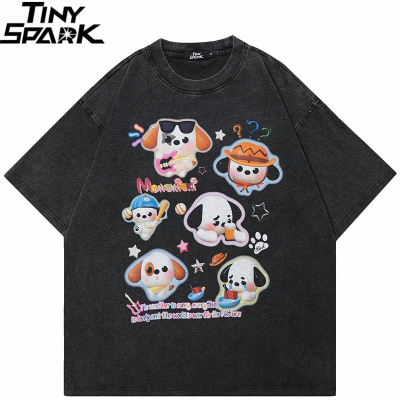 Hip Hop  Retro Washed Black TShirt Streetwear Cartoon Dogs Graphic T Shirt Cotton Harajuku Unisex Tshirt Men Tops Tee YK