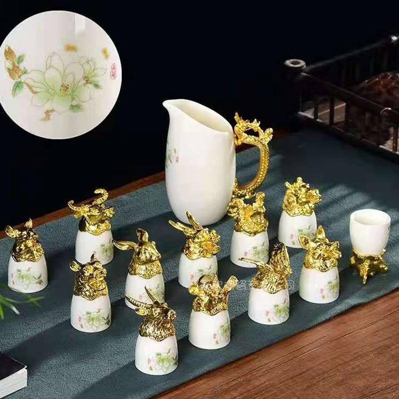 Retro Zodiac Yuanmingyuan ceramic white wine cup divider set domestic wine cup Chinese wine set 12 one cup