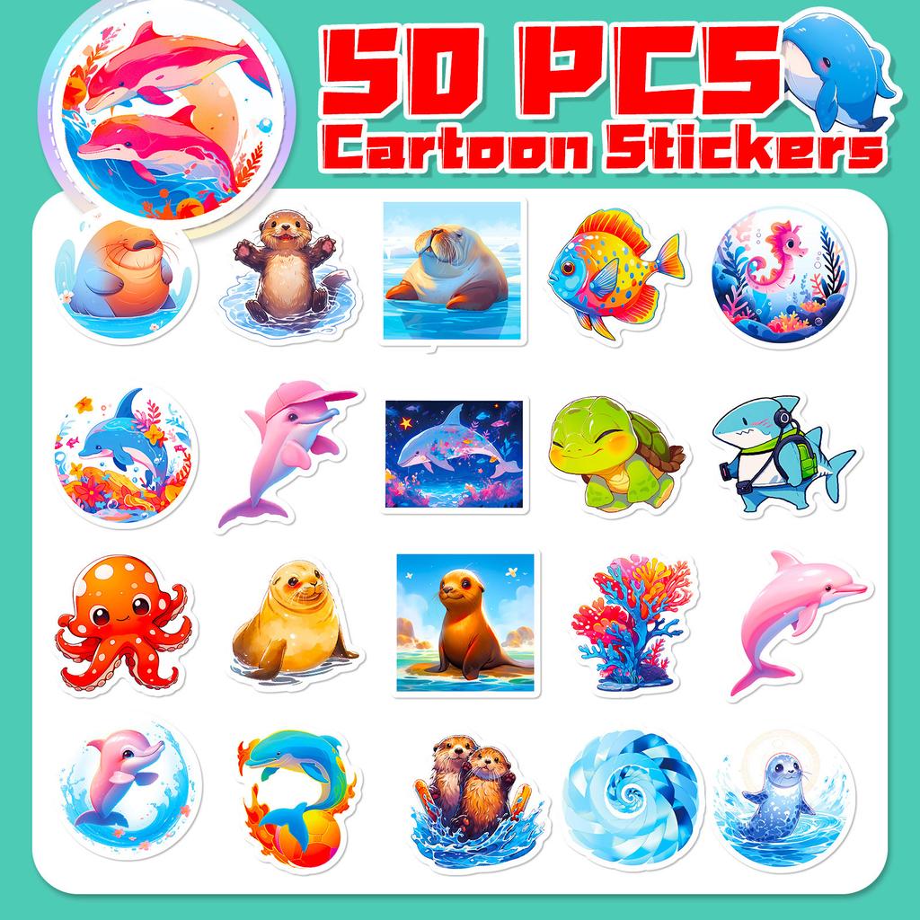 50 Cartoon Marine Animal Stickers TEMU New Product Cute Shark Cartoon Marine 3D Animal Stickers