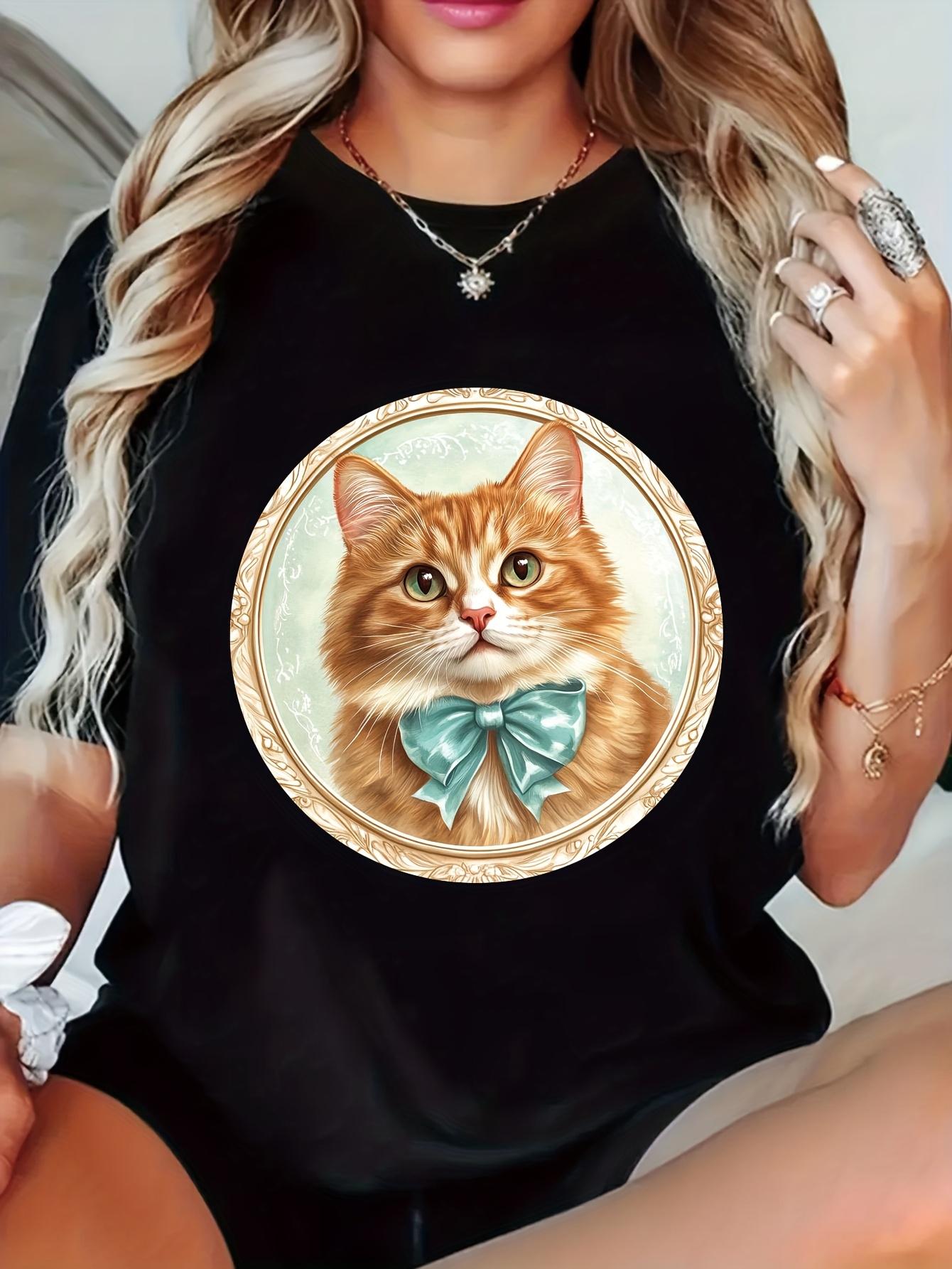 

2026 Womens Summer Casual Cat Print TShirt Cute Kitten with Bow Tie Lovely Pet Graphic Tee Short Sleeve Crew Neck Top 3XL
