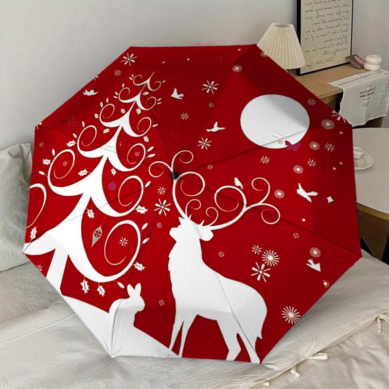Christmas Deer & Tree Design Automatic Opening Folding Umbrella - 8 Bone Iron Frame, Suitable for Fans, Travel, Daily Use, Festive Gift11212