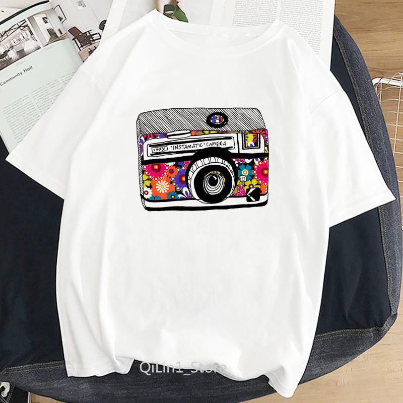 

Футболка в стиле ретро, ​​женская футболка с акварельными цветами и камерой, винтажные футболки с принтом Femme, белая футболка, футболка с рисунком, топы, одежда XXXL