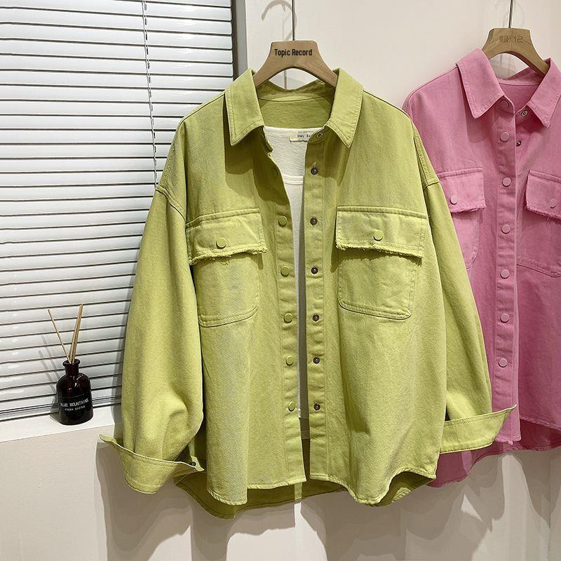 

Женская корейская оверсайз джинсовая куртка-рубашка зеленого цвета - Весенний цвет конфет, Гонконгский стиль L [Recommended for 130-145 lbs] яблочный зеленый