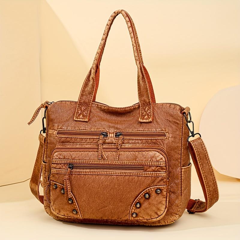 

Vintage PU Leather Tote Bag for Women Large Capacity Shoulder Bag Mother s Work Travel Purse Crossbody Handbag Exporter Quality 29X26X10CM коричневий