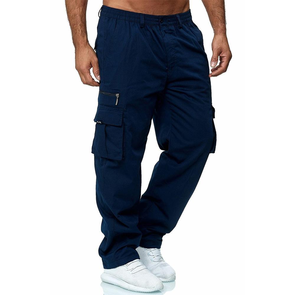 Men Casual Trousers Multi Pocket Cargo Pants Middle Waist Solid Color Loose Clothes Outdoor Sports Long Pants