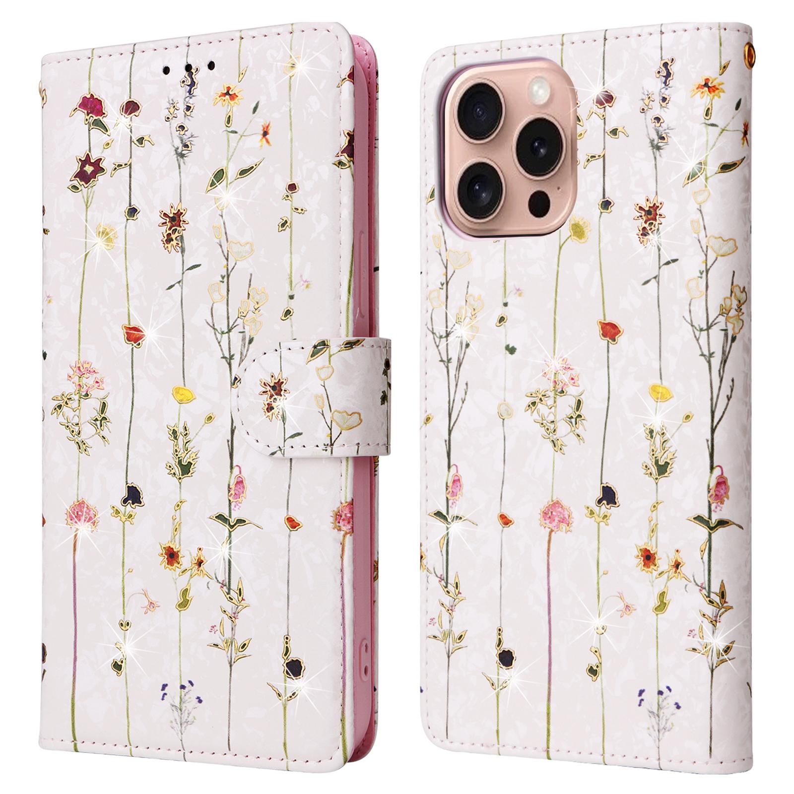 

For iPhone 16 Pro Case Lacquered RFID Blocking Wallet PU Leather Stand Phone Cover Small Flower