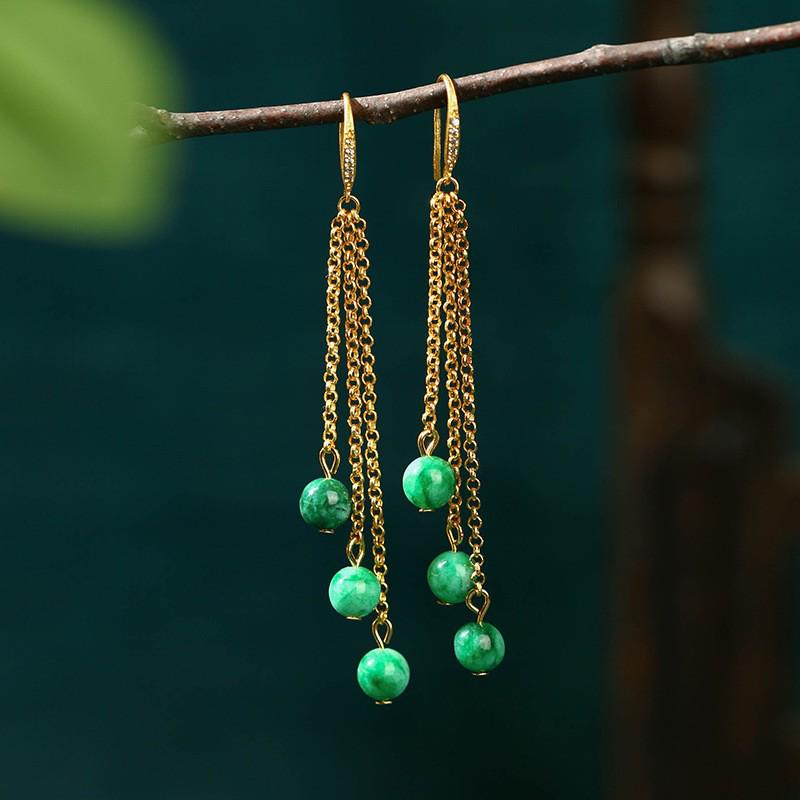 

Серьги с бусинами из имитации нефрита Айюань: Серьги-подвески из серебра 925 пробы, женские нишевые украшения для ушей в стиле легкой роскоши. Gold Plated