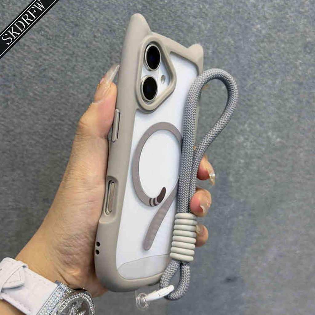 Ins 3D Cartoon Cat's Ears Tail Magnetic Ring Phone Case With Lanyard For iPhone 16 15 14 13 12 11 Pro Max + Plus Back Cover