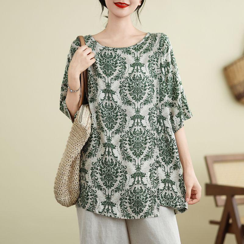 Haut décontracté d'été pour femme, vintage, imprimé floral, ample, col rond, manches courtes