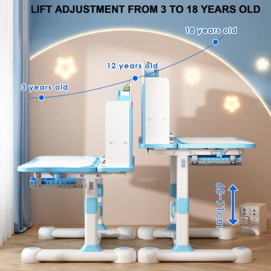 Learning Desk Chair Set 2Pcs/Set Kids Study Set, Height Adjustable Children School Table with Sitting Corrector, Ergonomic Book Stand, Foot