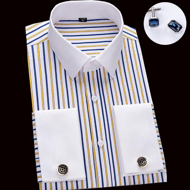Men'S French Cufflink Shirt With Slim Fit And Contrasting Color Collar, Windsor Collar, Striped Formal Long Sleeved Shir