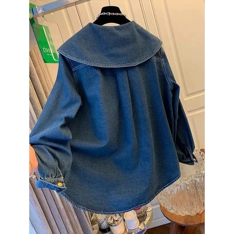 College Style Retro Doll Collar Denim Shirt for Women In Spring and Autumn, Small Stature, High-end and Good-looking Top