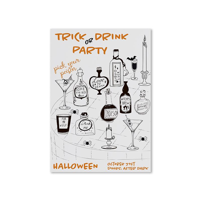 Halloween Gallery Spooky Ghost Poster Drinking Skeleton Art Print Scary Pumpkin Canvas Painting Wall Picture Living Room Decor