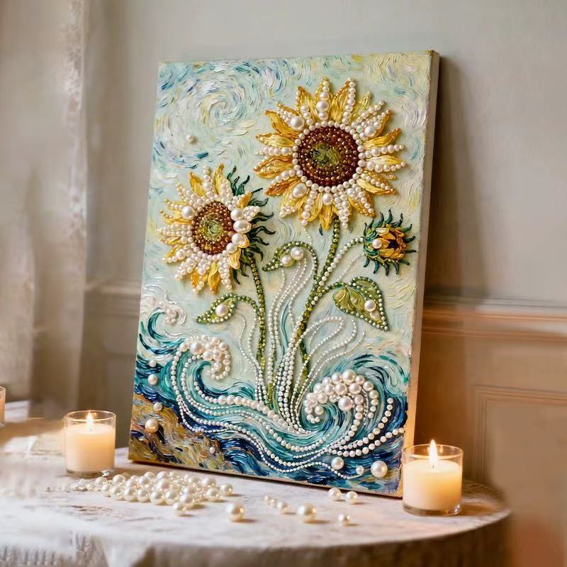 Oil Painting Sunflower Diy Pearl Painting High-End Decorative Painting Three-Dimensional Photo Frame Painting Material Package 30 * 40 Handmade Gift [sunflower] 008