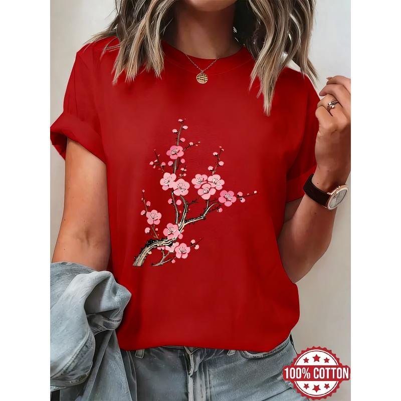 National Style Pink Plum Blossom Branch Print Women S T-Shirt, New Chinese Literary Short Sleeve, Gentle Temperament Versatile Casual Top S красный
