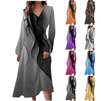 Damen Herbst und Winter, lässige Mode, V-Ausschnitt, lange Ärmel, Liniendruck, langes Kleid