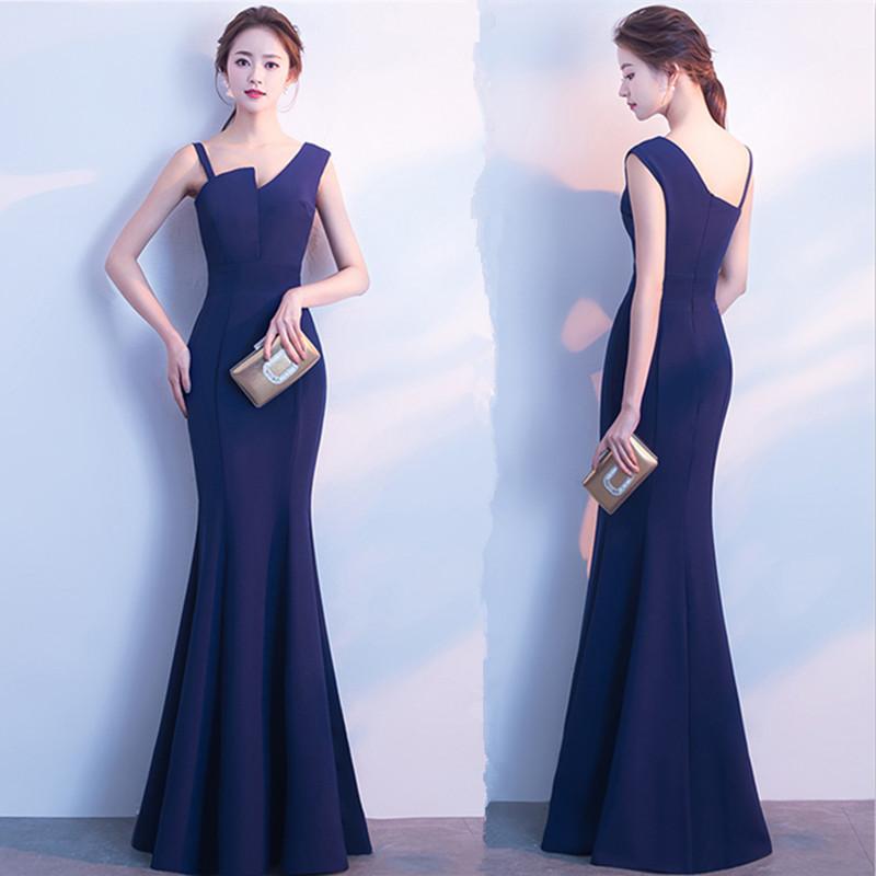 

Slant shoulder long dress 2018 new noble elegant sexy long fishtail red wedding evening dress women s dress L Темно-синій